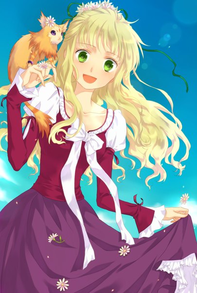 Anime picture 1378x2039 with tales of (series) tales of rebirth claire bennett okitsune (okitsune-sama) long hair tall image looking at viewer open mouth blonde hair smile purple eyes green eyes sky cloud (clouds) hair flower sunlight girl dress hair ornament flower (flowers)