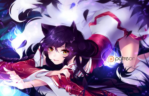 Anime picture 1000x647 with league of legends ahri (league of legends) squchan single long hair blush smile animal ears yellow eyes purple hair nail polish traditional clothes lips cat ears wide sleeves magic facial mark whisker markings girl detached sleeves