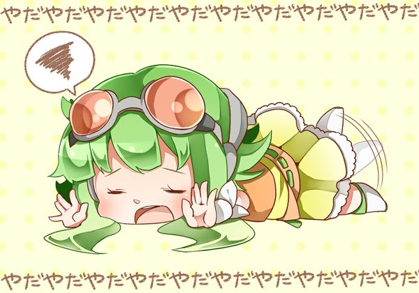 Anime picture 1000x700 with vocaloid gumi nou single blush short hair open mouth lying eyes closed green hair chibi polka dot yellow background falling polka dot background girl goggles