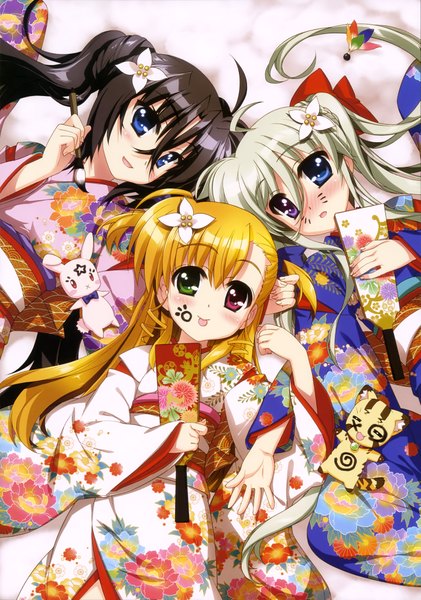 Anime picture 2874x4098 with mahou shoujo lyrical nanoha takamachi vivio einhart stratos fujima takuya long hair tall image blush highres open mouth blue eyes black hair blonde hair twintails multiple girls white hair traditional clothes japanese clothes scan loli heterochromia