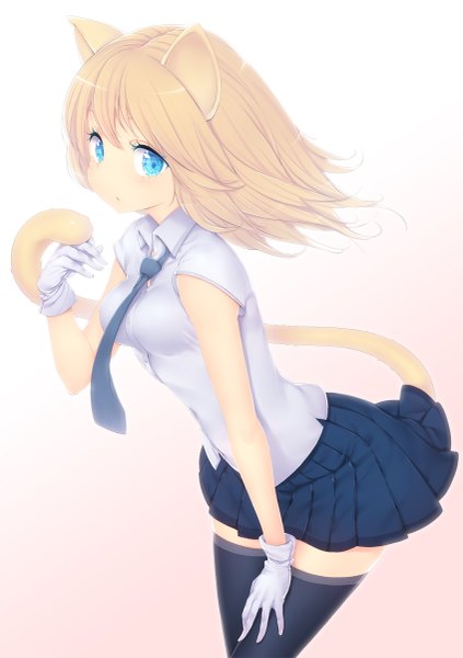 Anime picture 847x1200 with original zizi (zz22) single long hair tall image looking at viewer blush blonde hair simple background animal ears tail animal tail aqua eyes cat ears cat girl cat tail zettai ryouiki girl thighhighs skirt