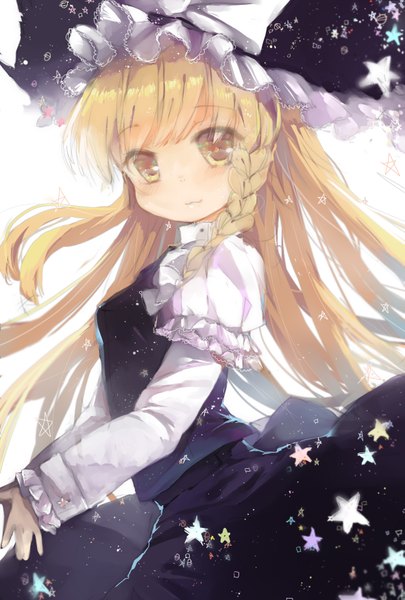 Anime picture 1181x1748 with touhou kirisame marisa acidear single long hair tall image looking at viewer blush blonde hair simple background white background yellow eyes braid (braids) side braid :3 star print girl skirt hat star (symbol)