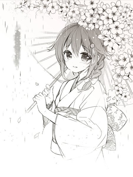 Anime picture 856x1139 with kantai collection shigure destroyer sakiyo cake single long hair tall image looking at viewer blush fringe open mouth holding braid (braids) traditional clothes japanese clothes wet cherry blossoms single braid monochrome rain remodel (kantai collection)