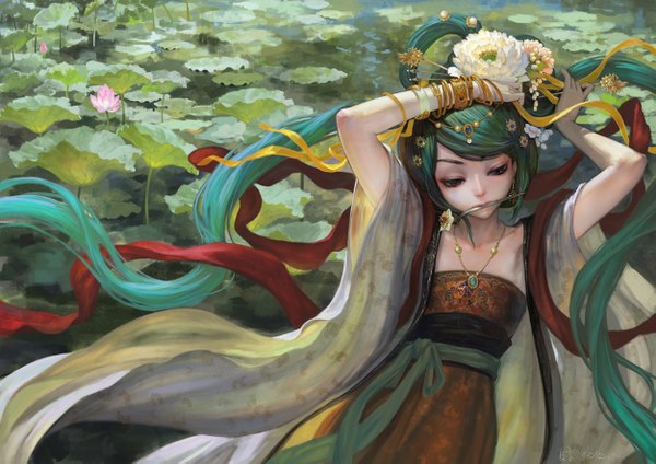 Anime picture 1251x885 with vocaloid hatsune miku xiaji single fringe twintails very long hair traditional clothes hair flower aqua hair alternate costume mouth hold girl hair ornament flower (flowers) plant (plants) bracelet pendant jewelry water lily