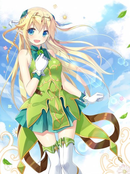 Anime picture 746x1000 with yano mitsuki single long hair tall image looking at viewer blush fringe breasts open mouth blue eyes blonde hair smile hair between eyes bare shoulders sky cloud (clouds) braid (braids) wind pointy ears sunlight