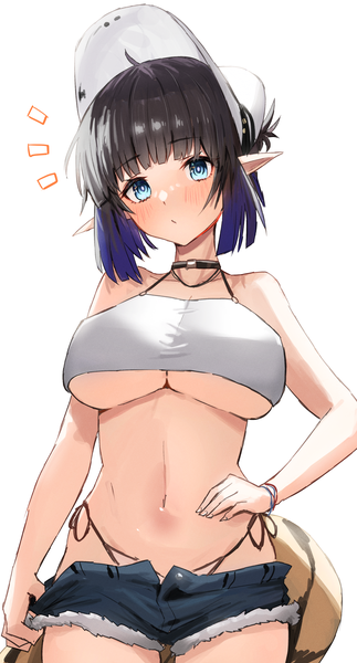 Anime picture 2000x3718 with arknights eunectes (arknights) horn/wood single tall image looking at viewer blush fringe highres short hair breasts blue eyes light erotic black hair large breasts tail blunt bangs multicolored hair pointy ears open clothes