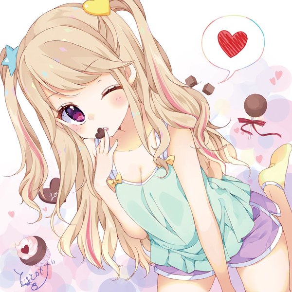 Anime picture 1000x1000 with aikatsu! natsuki mikuru chico152 single long hair looking at viewer blush fringe breasts open mouth light erotic blonde hair sitting purple eyes bare shoulders holding signed payot bent knee (knees) one eye closed