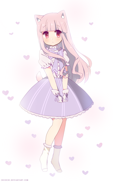 Anime picture 621x996 with original chiiochi single long hair tall image blush simple background red eyes white background signed animal ears looking away pink hair tail blunt bangs animal tail loli no shoes puffy sleeves lolita fashion