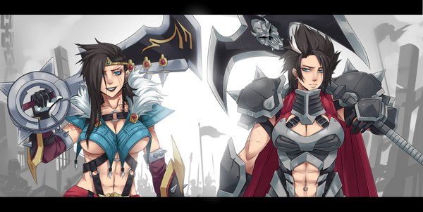 Anime picture 1985x1000 with league of legends darius (league of legends) draven (league of legends) exaxuxer long hair looking at viewer fringe highres short hair breasts blue eyes light erotic black hair wide image multiple girls holding white hair multicolored hair hair over one eye two-tone hair