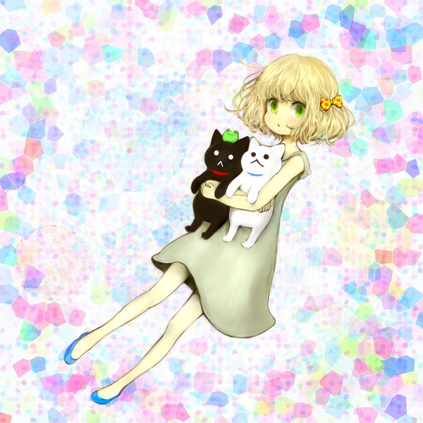 Anime picture 1350x1350 with original mari (milkuro-cat) looking at viewer blush short hair blonde hair smile green eyes hug surprised :< dress bow hair bow animal cat sundress child (children) frog