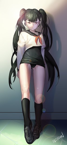 Anime picture 500x1075 with original dolnamu single long hair tall image fringe light erotic black hair red eyes twintails signed looking away shadow hands behind back girl uniform swimsuit socks serafuku black socks