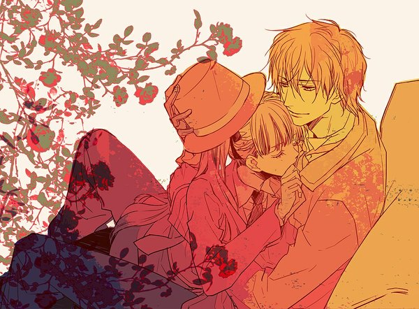 Anime picture 1000x738 with arcana famiglia felicita luca (arcana famiglia) yuu (pixiv1779624) long hair short hair simple background white background sitting twintails eyes closed orange hair couple hug monochrome girl boy flower (flowers) plant (plants) hat