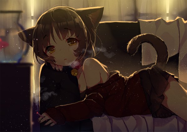 Anime picture 1200x849 with original acidear single looking at viewer fringe short hair light erotic brown hair bare shoulders brown eyes animal ears tail lying nail polish animal tail blurry cat ears mole cat girl cat tail