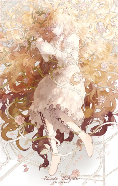 Anime picture 829x1300 with rozen maiden kirakishou nine (liuyuhao1992) single tall image blonde hair lying eyes closed very long hair profile inscription wavy hair lacing girl dress flower (flowers) white dress rose (roses) knee boots pink rose