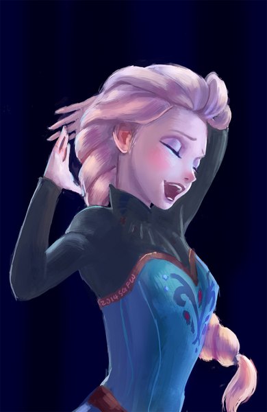 Anime picture 975x1500 with frozen (disney) disney elsa (frozen) sgfw single long hair tall image blush breasts open mouth simple background blonde hair eyes closed lips arms up teeth happy eyeshadow singing girl