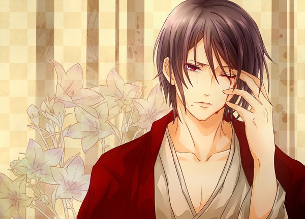 Anime picture 1063x767 with brave 10 unno rokurou fani single short hair red eyes purple hair traditional clothes japanese clothes one eye closed wink mole tears mole under mouth checkered background boy flower (flowers) kimono blood