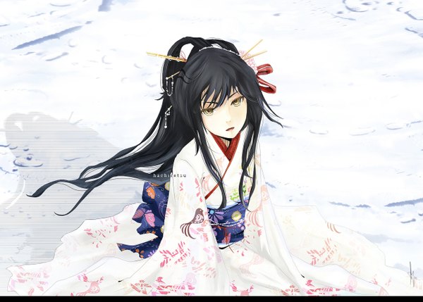 Anime picture 1281x918 with original hachiretsu single long hair tall image looking at viewer fringe black hair yellow eyes ponytail traditional clothes japanese clothes from above lips shadow snow footprints girl hair ornament kimono