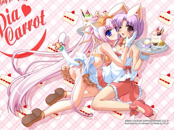 Anime picture 1024x768 with pia carrot minase lin long hair blush breasts light erotic purple eyes twintails multiple girls animal ears pink hair cleavage purple hair ass tail braid (braids) very long hair cat ears bunny ears wallpaper