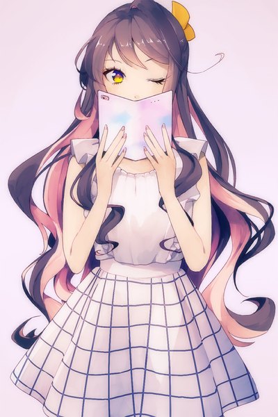 Anime picture 750x1125 with kantai collection naganami destroyer sayori (artist) single long hair tall image fringe simple background brown hair standing holding yellow eyes looking away pink hair nail polish one eye closed multicolored hair two-tone hair pink background colored inner hair