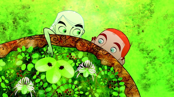 Anime picture 1920x1080 with the secret of kells brendan aisling (the secret of kells) long hair highres short hair blue eyes simple background wide image green eyes looking away white hair orange hair wallpaper piercing green background girl boy plant (plants) insect