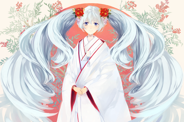 Anime picture 1500x998 with vocaloid hatsune miku yuki miku yuki miku (2013) suna single looking at viewer blue eyes smile twintails white hair very long hair traditional clothes hair flower girl hair ornament flower (flowers) plant (plants)