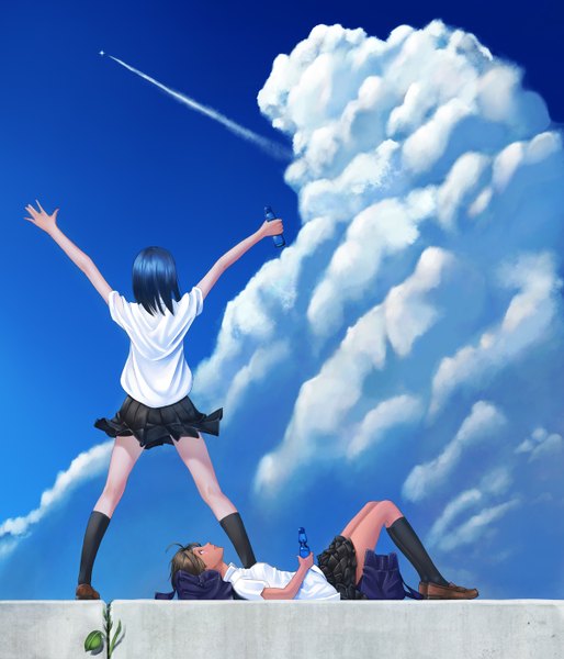 Anime picture 1200x1400 with original kome (okome-smile) tall image short hair light erotic brown hair multiple girls blue hair sky cloud (clouds) girl skirt uniform 2 girls school uniform shirt socks black socks