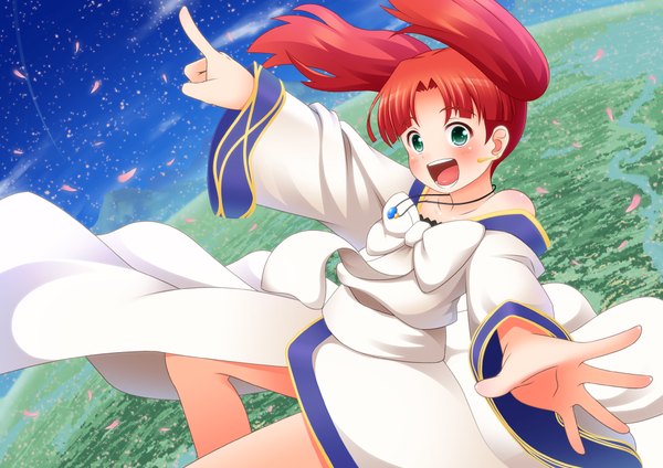 Anime picture 2000x1416 with fractale nessa nukunuku (hinataboltuko) single blush highres open mouth twintails green eyes sky red hair pointing falling girl dress bow earrings petals planet earth