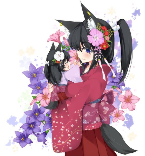 Anime picture 1000x1075 with original haru (matatabi sanjou) long hair tall image blush open mouth black hair purple eyes animal ears ponytail eyes closed traditional clothes japanese clothes hair flower girl hair ornament flower (flowers) kimono child (children)