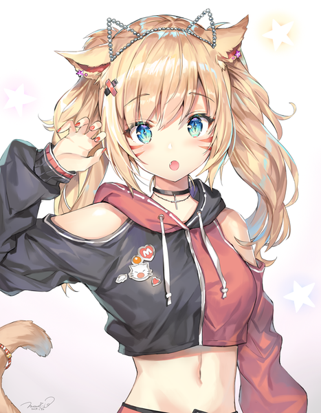 Anime picture 980x1259 with final fantasy final fantasy xiv square enix miqo'te momoko (momopoco) single long hair tall image looking at viewer blush fringe open mouth blue eyes blonde hair simple background hair between eyes twintails bare shoulders signed animal ears