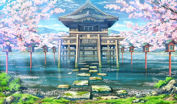 Anime picture 1360x800 with shoujo shin'iki wide image game cg cloud (clouds) shadow cherry blossoms mountain no people landscape petals water shrine
