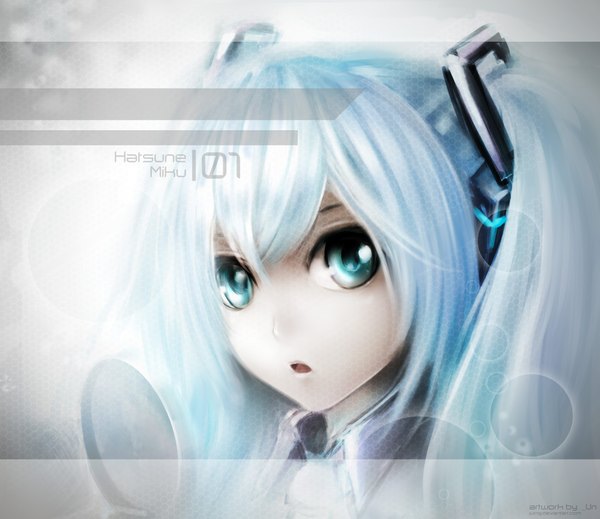 Anime picture 2300x1992 with vocaloid hatsune miku jurrig single long hair highres open mouth twintails white hair aqua eyes inscription character names close-up face girl headphones