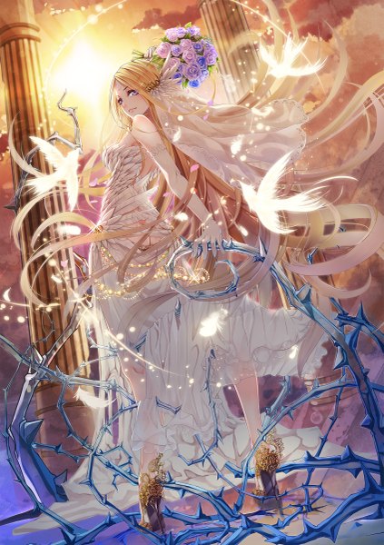 Anime picture 847x1200 with original wait (artist) single long hair tall image blush blonde hair purple eyes hair flower head wings girl dress hair ornament flower (flowers) animal wings bird (birds) feather (feathers) bouquet pillar