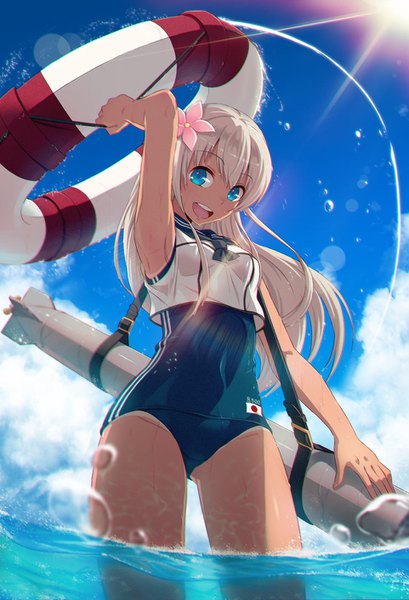 Anime picture 962x1412 with kantai collection ro-500 submarine 40hara single long hair tall image looking at viewer blush open mouth blue eyes light erotic blonde hair smile sky cloud (clouds) arm up hair flower sunlight from below ass visible through thighs