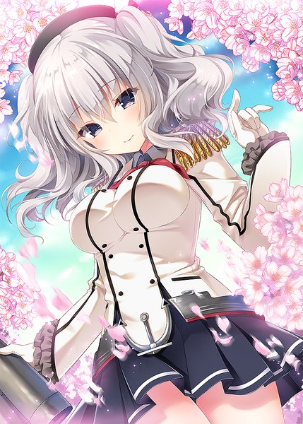 Anime picture 715x1000 with kantai collection kashima training cruiser kino (kino konomi) single long hair tall image looking at viewer blush fringe breasts smile hair between eyes large breasts standing twintails holding sky silver hair cloud (clouds) long sleeves