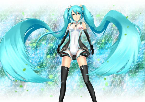Anime-Bild 1228x868 mit vocaloid goodsmile racing hatsune miku racing miku racing miku (2011) din (raiden) single looking at viewer breasts smile standing twintails cleavage very long hair aqua eyes aqua hair tattoo zettai ryouiki girl thighhighs