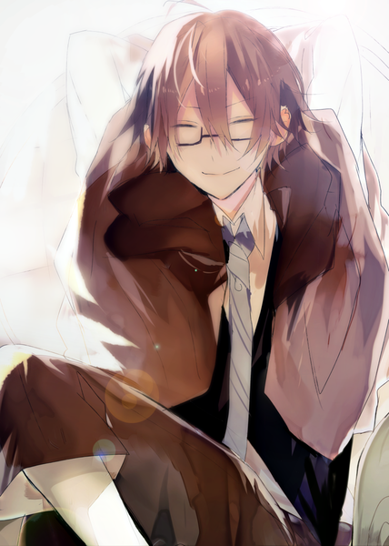 Anime picture 900x1260 with bungou stray dogs studio bones edogawa ranpo (bungou stray dogs) poni (rito) single tall image fringe short hair smile hair between eyes brown hair eyes closed hands behind back boy glasses necktie