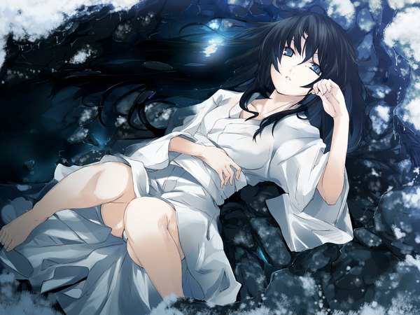 Anime picture 1600x1200 with cartagra kouzuki yura g yuusuke single long hair blue eyes light erotic black hair lying traditional clothes japanese clothes pantyshot looking up girl underwear panties water ice