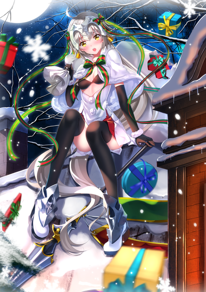 Anime picture 1102x1560 with fate (series) fate/grand order jeanne d'arc (fate) (all) jeanne d'arc alter santa lily (fate) swordsouls single long hair tall image looking at viewer blush open mouth light erotic sitting yellow eyes full body ahoge bent knee (knees) outdoors head tilt grey hair
