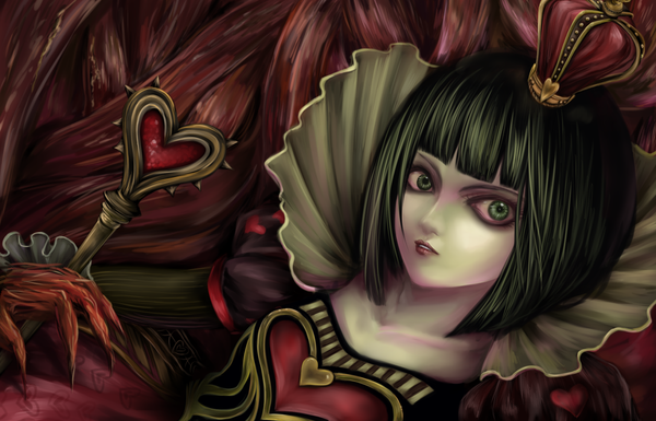 Anime picture 1400x900 with alice in wonderland american mcgee's alice (game) alice: madness returns queen of hearts short hair black hair green eyes girl heart crown