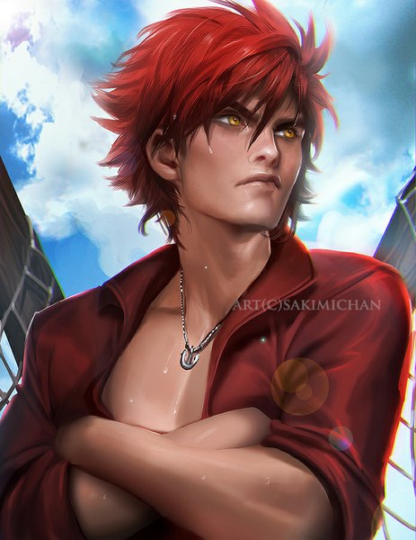 Anime picture 695x900 with original sakimichan single tall image short hair yellow eyes looking away sky cloud (clouds) red hair realistic open clothes open shirt watermark crossed arms boy shirt pendant