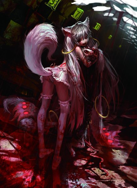 Anime picture 1280x1761 with mahou shoujo madoka magica shaft (studio) kyuubee tcb (pixiv) long hair tall image looking at viewer light erotic blonde hair red eyes twintails animal ears white hair tail animal tail looking back cat ears teeth fang (fangs) checkered floor