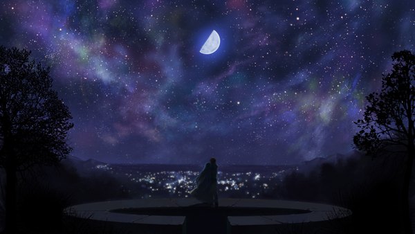 Anime picture 1914x1080 with hanbun no tsuki ga noboru sora akiba rika ezaki yuuichi totuka highres wide image from behind night night sky couple hug city lights silhouette girl boy plant (plants) tree (trees) moon star (stars)