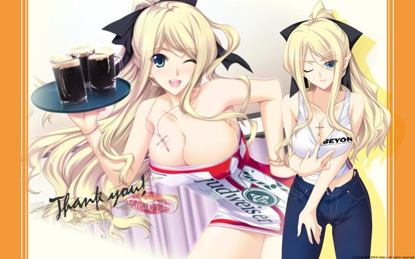 Anime picture 1680x1050 with shiden enkan no kizuna (game) budweiser laila lia sorel iizuki tasuku long hair looking at viewer blush breasts open mouth blue eyes light erotic blonde hair smile large breasts bare shoulders cleavage one eye closed wink teeth hand on hip