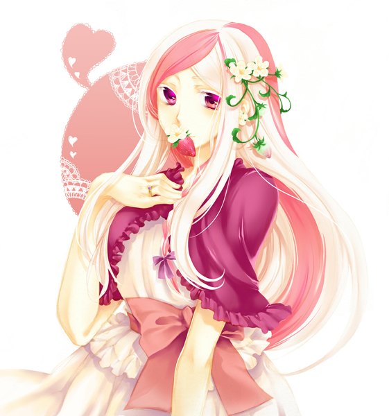 Anime picture 1089x1164 with moira sound horizon artemisia mitani kitsune single long hair tall image pink eyes multicolored hair hair flower two-tone hair girl dress hair ornament food ring berry (berries) strawberry