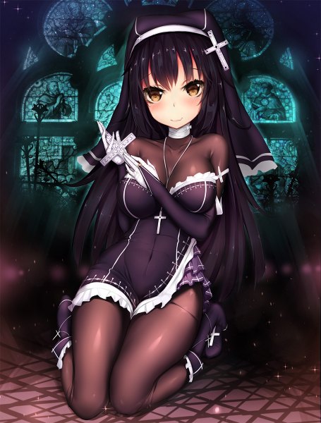 Anime picture 910x1200 with original dk.senie single long hair tall image looking at viewer blush fringe black hair smile hair between eyes holding brown eyes payot full body bent knee (knees) long sleeves sparkle shadow thighs