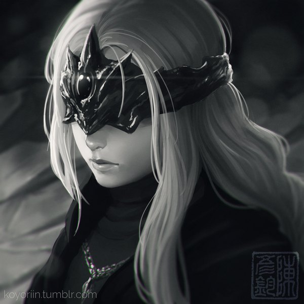 Anime picture 900x900 with dark souls (series) dark souls dark souls 3 from software fire keeper koyoriin single long hair signed payot upper body from above lips blurry realistic watermark monochrome covering eye (eyes) girl pendant