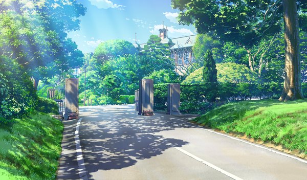 Anime picture 1360x800 with shoujo shin'iki wide image game cg sky cloud (clouds) shadow no people plant (plants) tree (trees) grass fence house