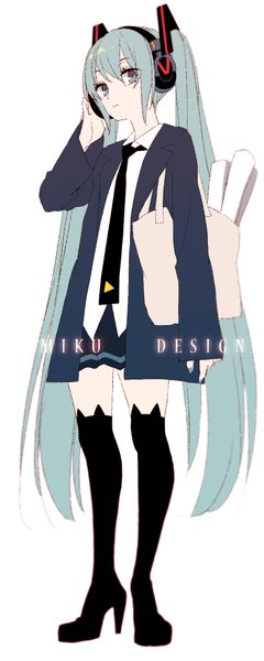 Anime picture 787x1968 with vocaloid hatsune miku erolcy single tall image looking at viewer simple background white background twintails very long hair aqua eyes aqua hair high heels character names hand on headphones girl thighhighs black thighhighs necktie headphones