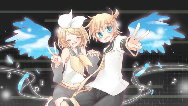 Anime picture 1600x900 with vocaloid kagamine rin kagamine len nao (flake) short hair open mouth blue eyes blonde hair wide image eyes closed fake wings girl boy hair ornament bow hair bow detached sleeves wings shorts hairclip