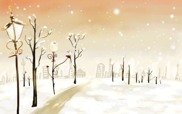 Anime picture 1920x1200 with original tagme (artist) highres wide image city snowing winter snow plant (plants) tree (trees) lantern road lamppost